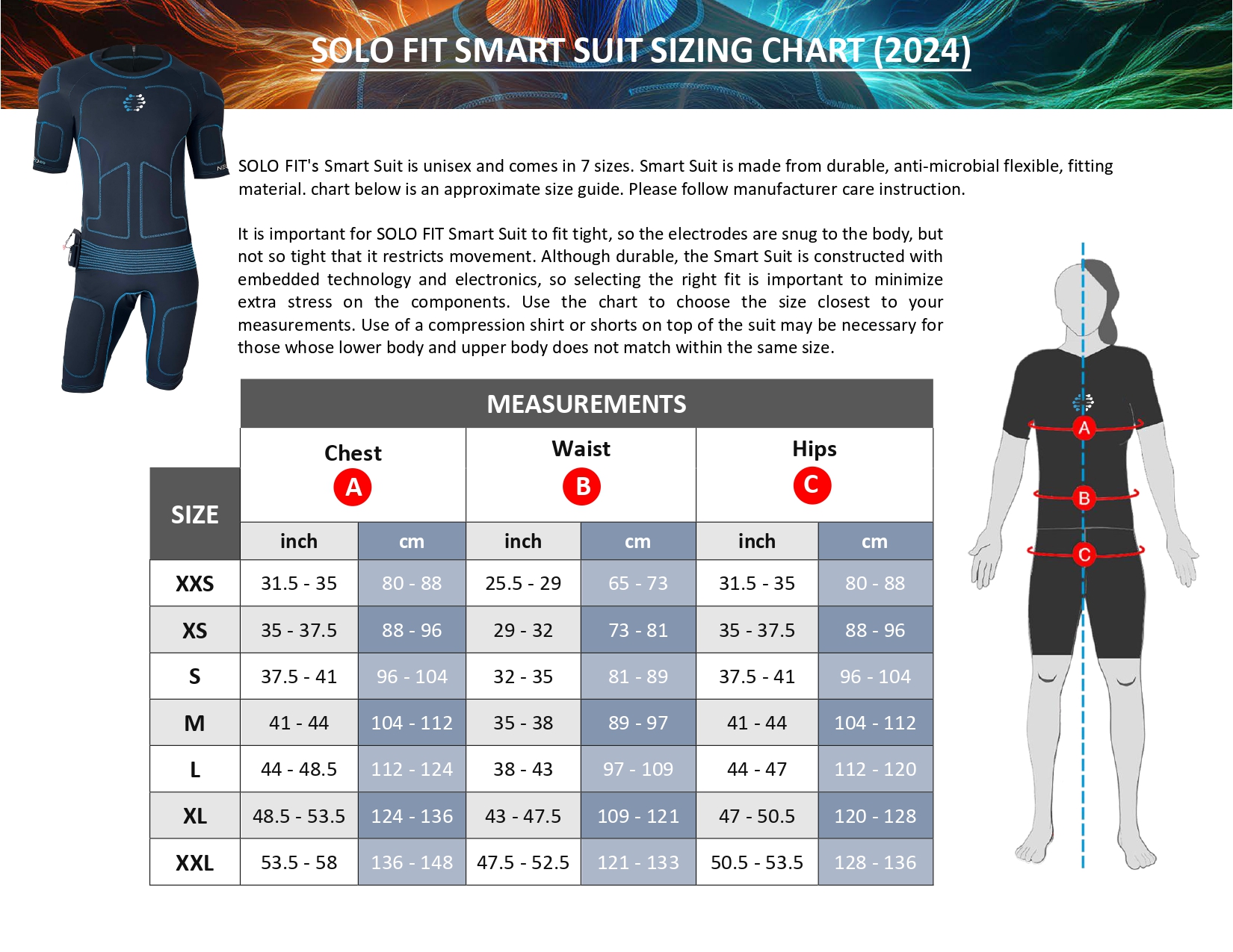 Solo Fit Smart Suit Sizing Chart